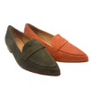 Soft nubuck loafer with pointed toe, low heel and available in two great colours of Spice and Dark Olive from EOS footwear.