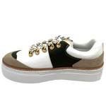 Great combinations of colours, leathers and textures make these sneakers interesting and fabulous! Gold eyelet/hooks, black and white round laces and chunky white sold add to the overall effect.  Colours - Sand multi, White multi