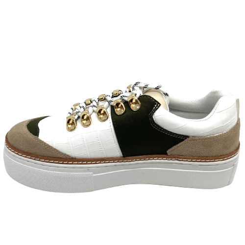 Great combinations of colours, leathers and textures make these sneakers interesting and fabulous! Gold eyelet/hooks, black and white round laces and chunky white sold add to the overall effect.  Colours - Sand multi, White multi