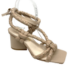 How cool are these heels from Hael & Jax! The tear drop shaped heel is both stable and stylish at 8cm high. The square toe works well with the tubular, soft, nude coloured, leather straps. These straps are in turn bound in pale gold. The chunky knots give support. Ankle ties finish off these unique sandals.