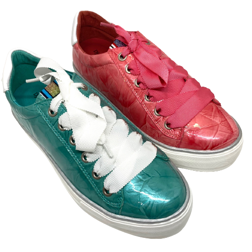 These tried and proven sneakers look wonderful in patent leathers. The laces are ribbon and the tongue and back of the shoe have a striped/metallic ribbon trim. A comfortable and fun addition to any wardrobe.  Colours - Coral, Teal