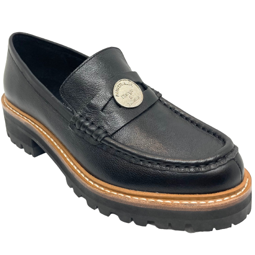 This gorgeous chunky black leather loafer from Django & Juliette is a comfortable fit, has a black "tractor"sole, tan rand and is finished with a silver "coin" trim.
