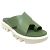 Fligh is a modern toe thong slide on a white chunky "tractor tyre" sole. The soft leather crosses the foot in wide straps and has a toe piece. This comfortable summer slide is available in the beautiful green shade of basil. Made by EOS.