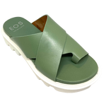 Fligh is a modern toe thong slide on a white chunky "tractor tyre" sole. The soft leather crosses the foot in wide straps and has a toe piece. This comfortable summer slide is available in the beautiful green shade of basil. Made by EOS.