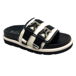 The ultimate lux slide from Hael and Jax.  With padded leather upper, quality hardware and leather moulded insole you'll love these two tone black and off white beauties. Velcroe closure for easy width adjustment too.