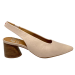nude leather slingback with rounded mid heel, eos footwear