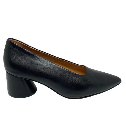 black leather court shoe with mid heel, eos footwear