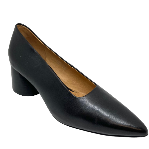 black leather court shoe with mid heel, eos footwear