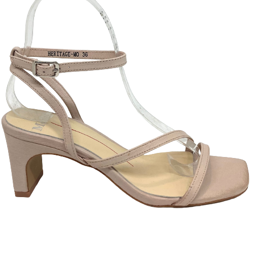 This sandal from Mollini is the perfect addition to your wardrobe.  A squared off toe contrasts perfectly with the dainty ankle strap and flattering angled strap across the instep.  The mid heel makes it so easy to wear and its wider shape makes it perfect for any outdoor event.  No digging into the ground and spoiling your shoes!  A great fit and pretty too.  Colours - Dark Nude Leather,    Black Leather