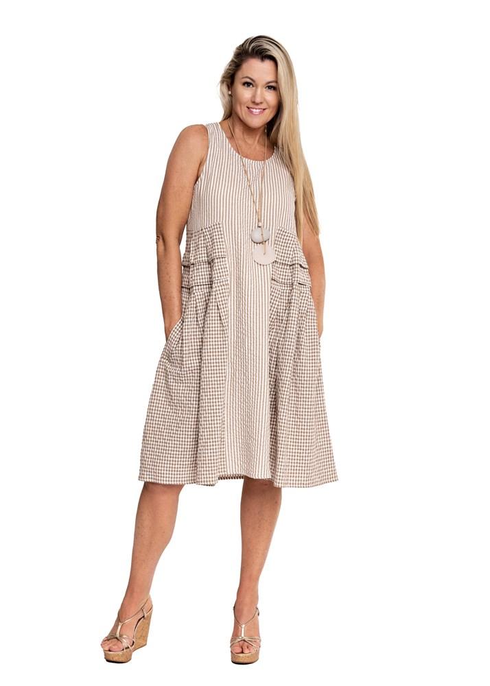Sensationally flattering sleeveless dress with pleated details on the bodice sides in a gorgeous striped and checked textured fabric.  Material - Linen/Cotton Blend  Sizes Fit approx.  SM 10 - 12,  ML 14 - 16  Colours - Cappuccino  Made In Italy