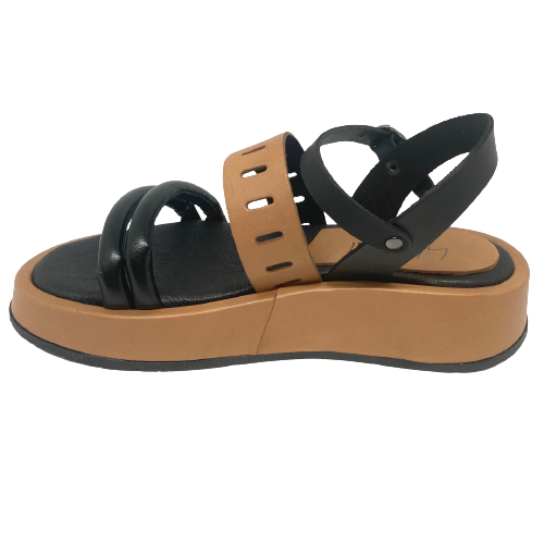 These gorgeous flatform sandals are made in Italy with interesting detail to the straps and come in the great colour combination of black and cognac. A great addition to any summer wardrobe.  Made in Italy