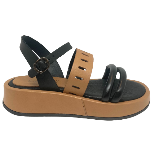These gorgeous flatform sandals are made in Italy with interesting detail to the straps and come in the great colour combination of black and cognac. A great addition to any summer wardrobe.  Made in Italy