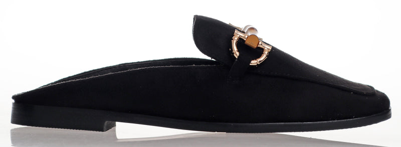 A classic loafer styled mule in man made black suede. Low heeled and featuring a gold and bamboo trim, the padded and flexible sole makes this a comfortable little shoe.