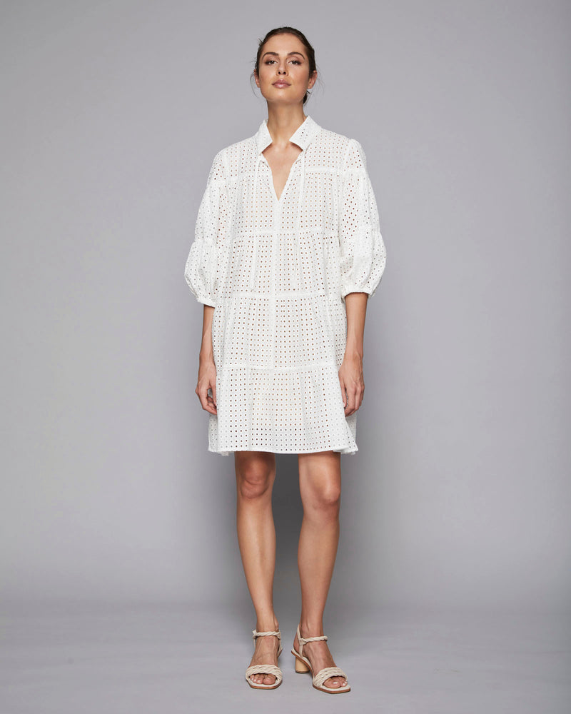 broderie tiered dress with 3/4 sleeve, porcelain