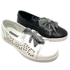 A comfortable lace up sneaker which is low cut and has perforations in the leather on the sides of the shoe to allow for air flow making it the ideal flattie for hotter months. The laces are a smart striped ribbon. There is also a removable insole for those who wish to use their own orthotic. Made by Cassini. Available in white and in black.