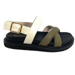 This great summer sandal by Nude is not only on-trend with its moulded foot bed but comfortable too. The well placed padded straps give the look as well as support. Available in a great colour combo of olive and warm white.