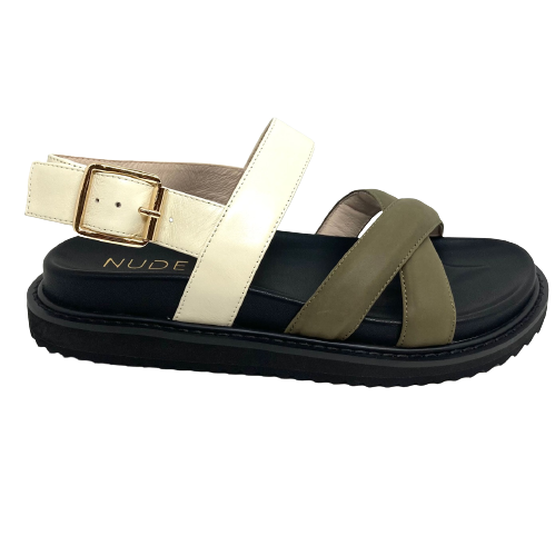 This great summer sandal by Nude is not only on-trend with its moulded foot bed but comfortable too. The well placed padded straps give the look as well as support. Available in a great colour combo of olive and warm white.