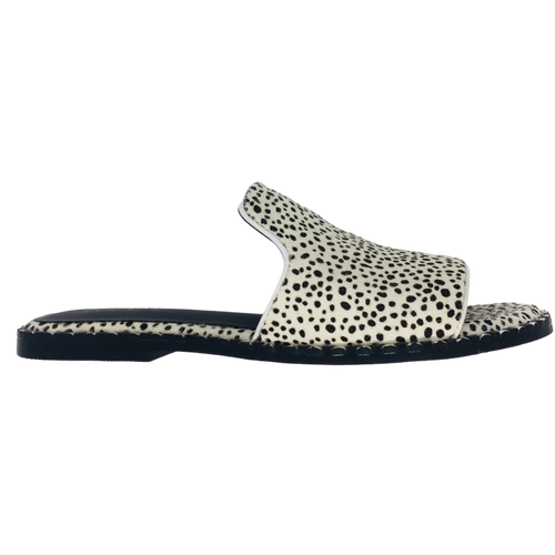 Suede pony hide slides in white with tiny black spots