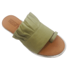 Soft leather toe thong, cute ruffle, cushioned footbed, metallic trim in khaki