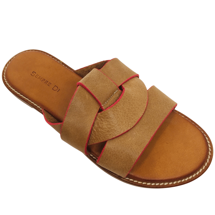 Camel tan with pink piping leather slides with crossed leather over the toes