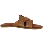 Camel tan with pink piping leather slides with crossed leather over the toes
