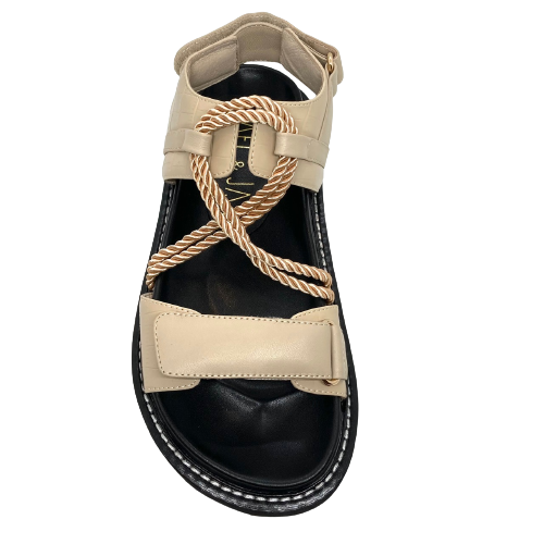 Hael & Jax do chunky sandals soooo well! Here are a great sandal for your summer go-to in black and natural. The moulded foot bed is great to wear and the velcro back and front straps and corded straps over the instep give great support. The use of croc print and plain leather work well with the silk cords.