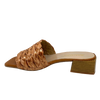 A gorgeous Spanish slide that can be worn casual or slightly more dressed. The wide strap is made of plaited raffia that has a sheen to it that gives a slightly golden/rust colour. This strap is leather lined in tan as is the foot bed. The stacked square heel measures 4cm.