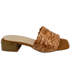 A gorgeous Spanish slide that can be worn casual or slightly more dressed. The wide strap is made of plaited raffia that has a sheen to it that gives a slightly golden/rust colour. This strap is leather lined in tan as is the foot bed. The stacked square heel measures 4cm.