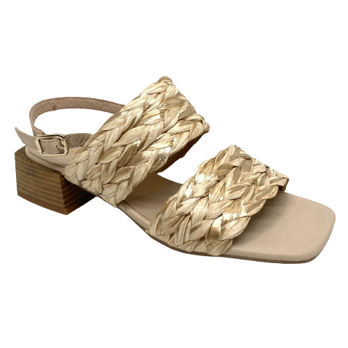 This low heeled (4cm) sandal can be dressed up or down. The two wide straps across the foot are of a glossy off white/natural coloured raffia with a sheen of pearly gold. These straps and the back strap give lots of support. Made in Spain.
