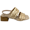 This low heeled (4cm) sandal can be dressed up or down. The two wide straps across the foot are of a glossy off white/natural coloured raffia with a sheen of pearly gold. These straps and the back strap give lots of support. Made in Spain.