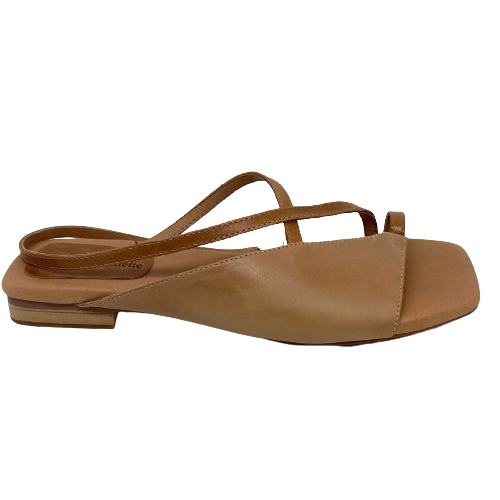 A flat little toe sandal in shades of tan provides good foot coverage while still being strappy.