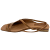 A flat little toe sandal in shades of tan provides good foot coverage while still being strappy.