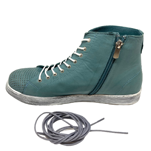 Made from the softest of leathers these fun high top sneakers (or ankle boots) are super comfortable with a removable insole and can be worn with dresses, pants, skirts and shorts. They also come with a second pair of laces so you can change the look!  Colour :  Petrol