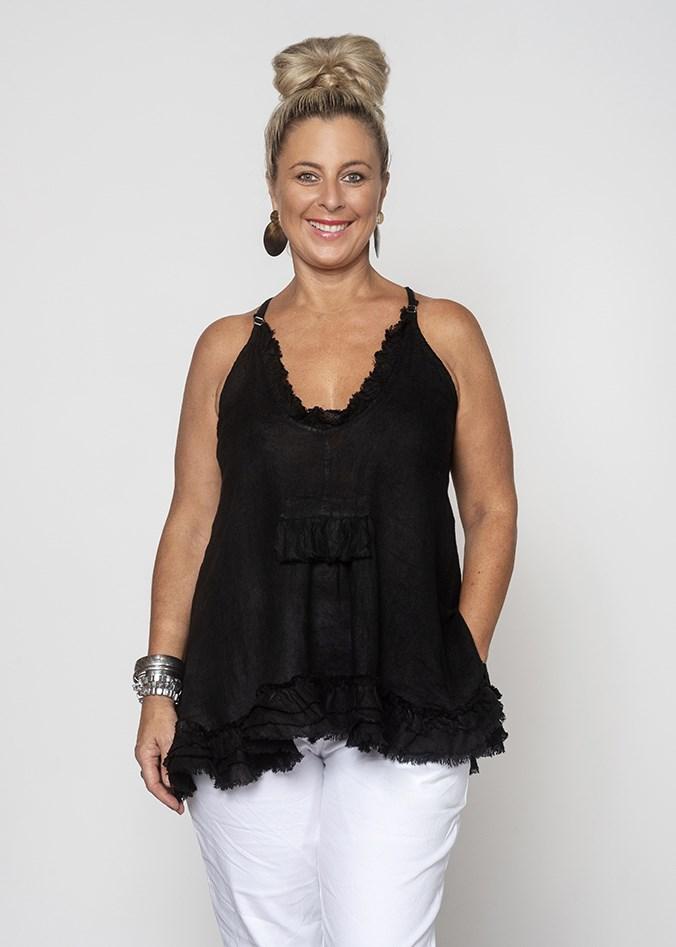 You'll love the sweet styling of this top with it's light breathable fabric that will keep you both cool and dry. Featuring a soft V neckline with frayed edges, adjustable shoulder straps, decorative tassel on the front and three little frayed frills skirting the hemline. This top looks gorgeous under our cute Varna Jacket.  New colours available  Material - 100% Linen  Size - SM, ML  Colours -  Onyx, 