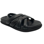 Tubed leather is always soft and comfortable and it has been used in this comfort sandal. The configuration of the straps holds the foot well and the contoured foot bed also adds to the comfort of this chunky on-trend little sandal.