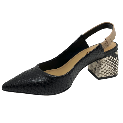 Classically styled with a sleek toe shape, sling back (making this a great trans seasonal shoe) and square heel (7cm high) the mix of neutral colours in snakeskin leathers gives these shoes a special twist. Available in two colour ways of black mix and almond/taupe mix. Made in Brazil.