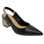 Classically styled with a sleek toe shape, sling back (making this a great trans seasonal shoe) and square heel (7cm high) the mix of neutral colours in snakeskin leathers gives these shoes a special twist. Available in two colour ways of black mix and almond/taupe mix. Made in Brazil.