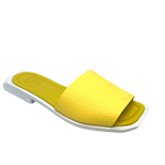 Here's some great summer colour and fun! These little slides are of the softest of leathers, have an elastic gusset and look great on this white sole. The squared off toe is very on trend and so are these gelato colours of salmon and yellow. Made in Turkey