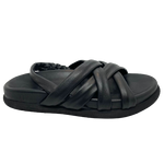 Tubed leather is always soft and comfortable and it has been used in this comfort sandal. The configuration of the straps holds the foot well and the contoured foot bed also adds to the comfort of this chunky on-trend little sandal.
