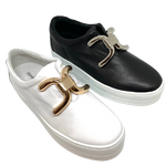 A fabulous winter casual to bring a great new look to your wardrobe. The white rubber sole is a generous height, the rounded toe is comfortable and roomy and the feature of these is the back to back "C" shaped buckle on the top of the foot.  Colours - White/gold buckle,  Black/silver buckle