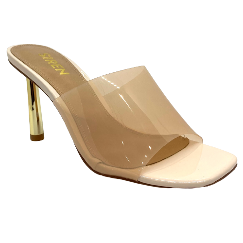 These glamorous vinylite heels will go with any colour! The wide clear vinylite band across the foot is supportive and the 9cm gold (metal) heel makes this the perfect statement shoe for your special occasions.