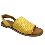 This flat, soft leather weave printed sandal with a back strap is a great little summer casual to slip into on the go. The foot bed is padded for extra comfort which is always a plus. Made in Europe by Rilassare. Colour yellow.