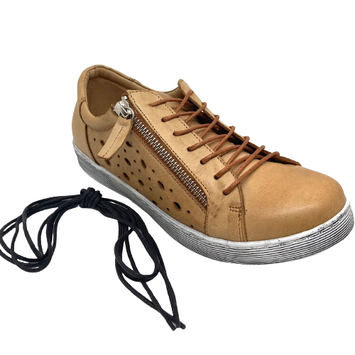 Another of the wonderfully tried and proven styles from Rilassare. As always, extra laces are supplied and these come with dark grey extras.  The perforations in the leather at the sides of the shoe allow for airflow making it an ideal summer sneaker. A zip as well as the laces allows for easy accessibility. Removable insole.  Colour is camel leather.