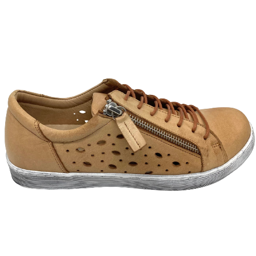 Another of the wonderfully tried and proven styles from Rilassare. As always, extra laces are supplied and these come with dark grey extras.  The perforations in the leather at the sides of the shoe allow for airflow making it an ideal summer sneaker. A zip as well as the laces allows for easy accessibility. Removable insole.  Colour is camel leather.