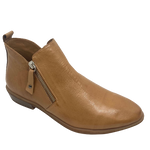 Soft leather boot in a camel/light tan colour. These low heeled little boots have two zips, inside and outside the ankle for easy access.