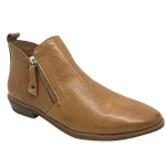 Soft leather boot in a camel/light tan colour. These low heeled little boots have two zips, inside and outside the ankle for easy access.