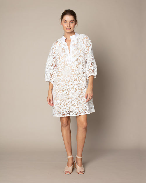 lace dress with soft sleeve and covered buttons