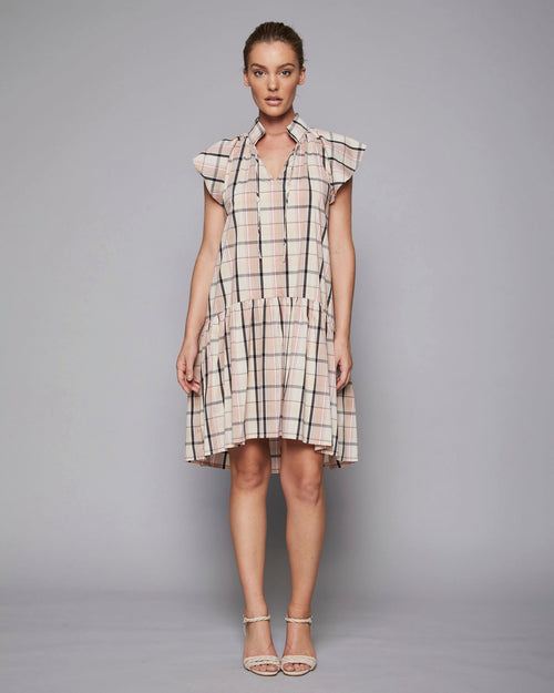 flamingo check dress with flutter sleeve and dropped waist