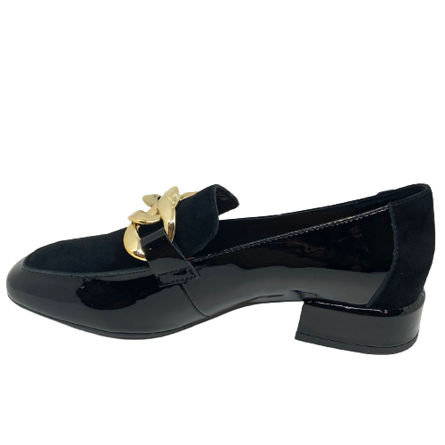Wear this gorgeous, classic loafer in black patent and black suede as part of your corporate wardrobe or as an everyday winter favourite. The heel is a great 3cm and the gold channel chain trim adds that little but extra.