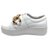 Here's a great alternative to a lace up sneaker! Made by Django & Juliette these little beauties have a wide velcro strap across the foot concealed by the chunky gold chain trim. They're on a 4cm white rubber platform for added height,